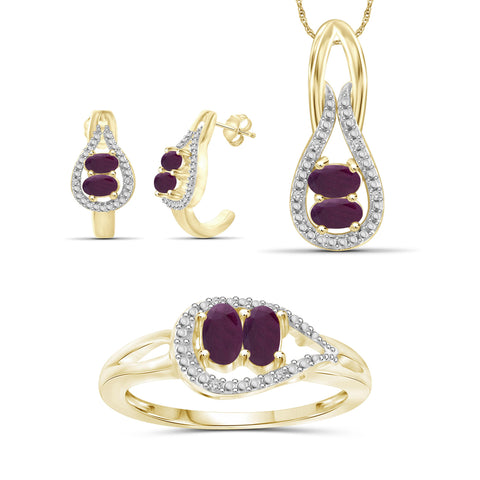 2.00 Carat T.G.W. Ruby And White Diamond Accent 14K Gold-Plated 3-Piece Jewelry set