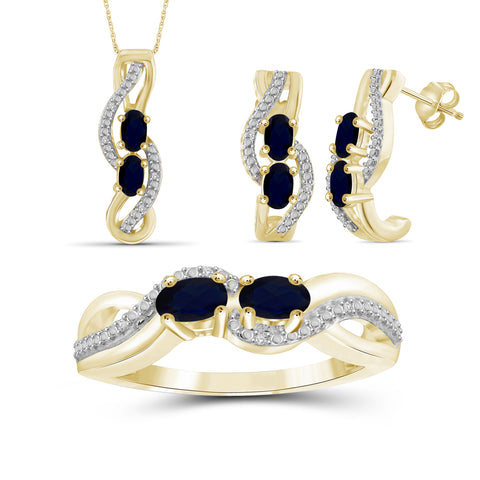 2.56 CTW Sapphire & 1/20 Carat White Diamond 14K Gold-Plated 3-Piece Jewelry set