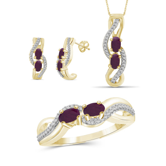 2.08 ct. T.G.W. Ruby & 1/20 ct. T.W. White Diamond 3-Piece Jewelry Set in 14K Gold over Silver