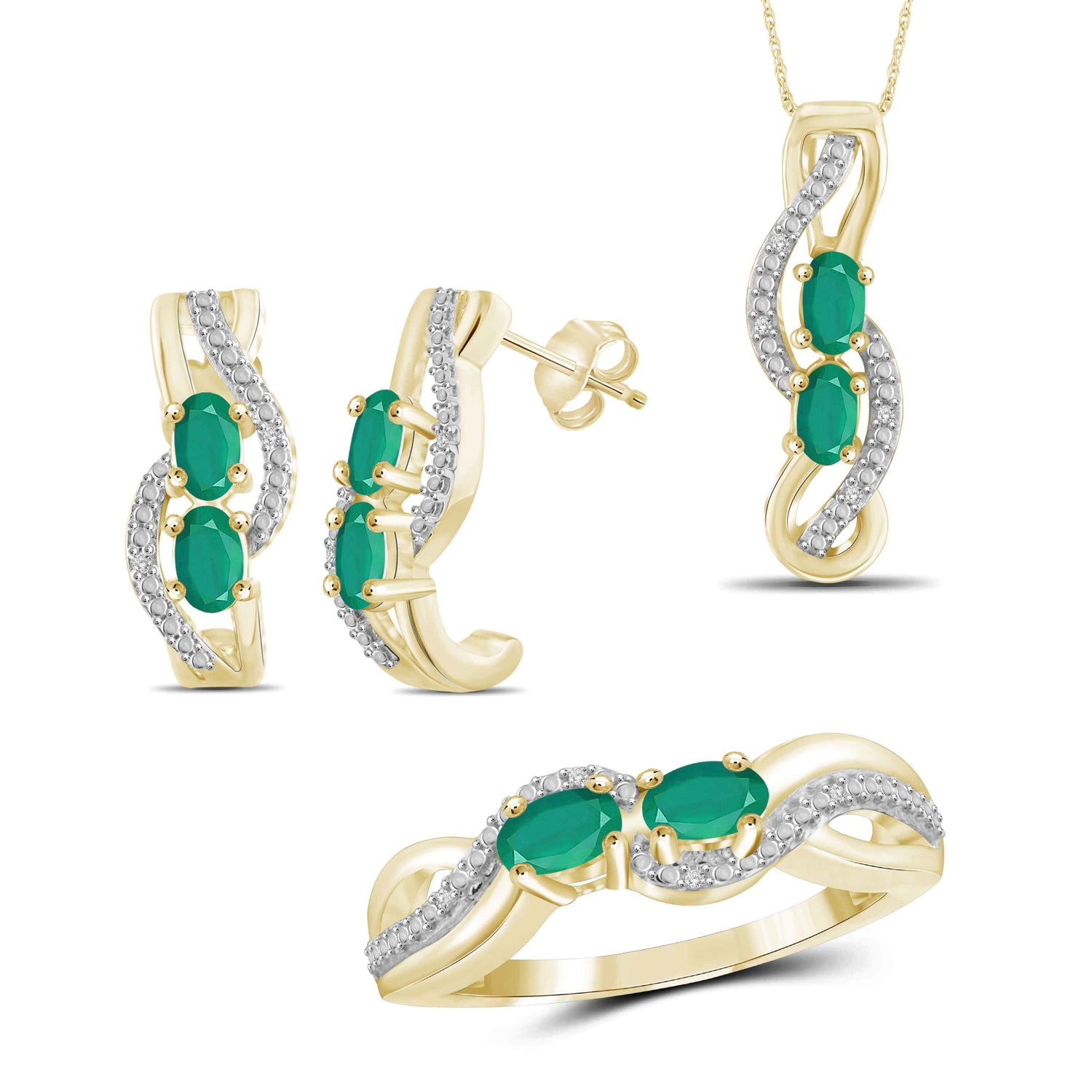 1.84 CTW Emerald & 1/20 Carat White Diamond 14K Gold Over Silver 3-Piece Jewelry set