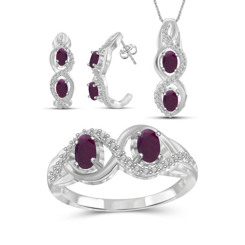 2.00 Carat T.G.W. Ruby And White Diamond Accent Sterling Silver Or 14K Gold-Plated 3-Piece Jewelry set