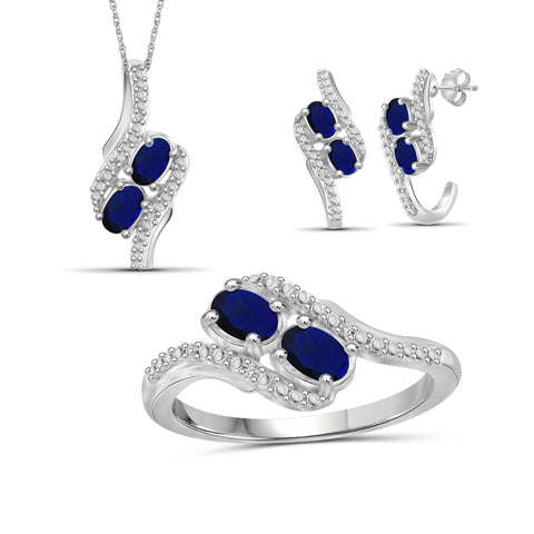 2.56 CTW Sapphire & 1/20 Carat White Diamond Sterling Silver 3-Piece Jewelry set