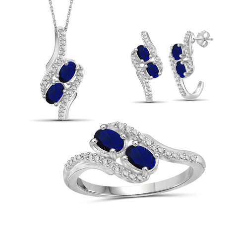 2.56 CTW Sapphire & 1/20 Carat White Diamond Sterling Silver 3-Piece Jewelry set
