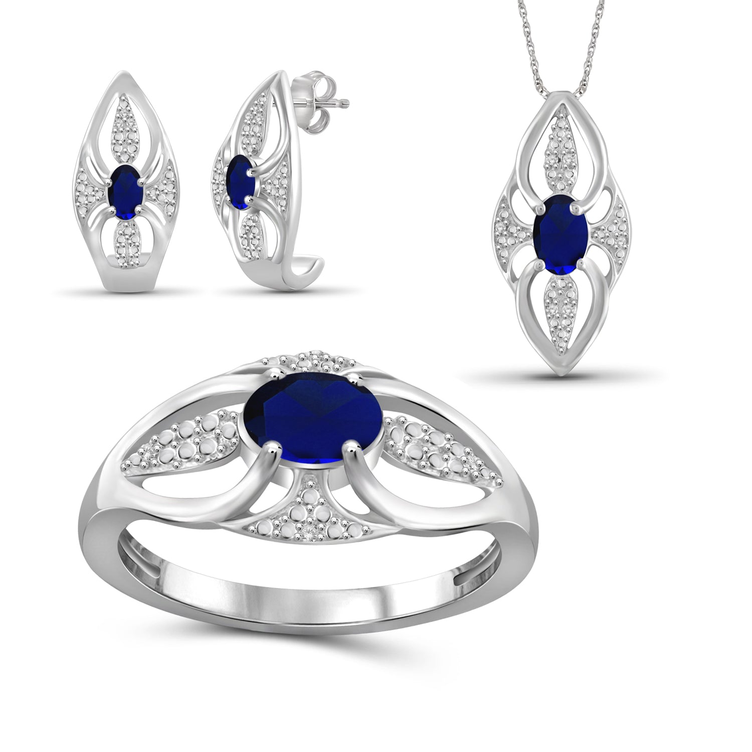 2.00 Carat T.G.W. Sapphire And 1/20 Carat White Diamond Sterling Silver 3-Piece Jewelry set