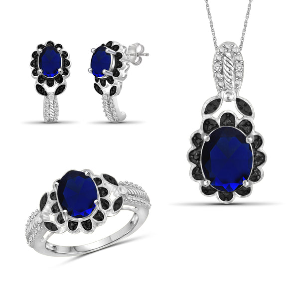 6.00 CTW Sapphire & 1/20 Carat Black and White Diamond Sterling Silver 3-Piece Jewelry set