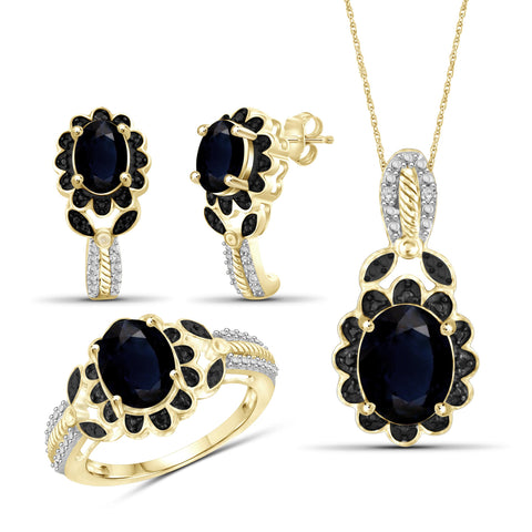 6.00 Carat T.G.W. Sapphire And Black & White Diamond Accent 14K Gold-Plated 3-Piece Jewelry set