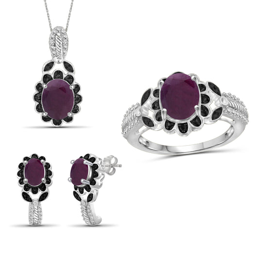 6 3/4 ct. T.G.W. Ruby 3-Piece Jewelry Set with Black & White Diamond Accent in Sterling Silver