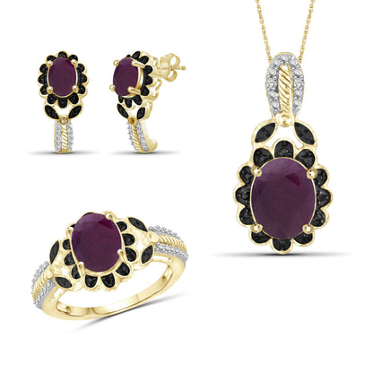 6 3/4 ct. T.G.W. Ruby & 1/20 ct. T.W. Black & White Diamond 3-Piece Jewelry Set in 14K Gold over Silver