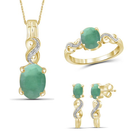 3.35 CTW Emerald & 1/20 Carat White Diamond 14K Gold-Plated 3-Piece Jewelry set