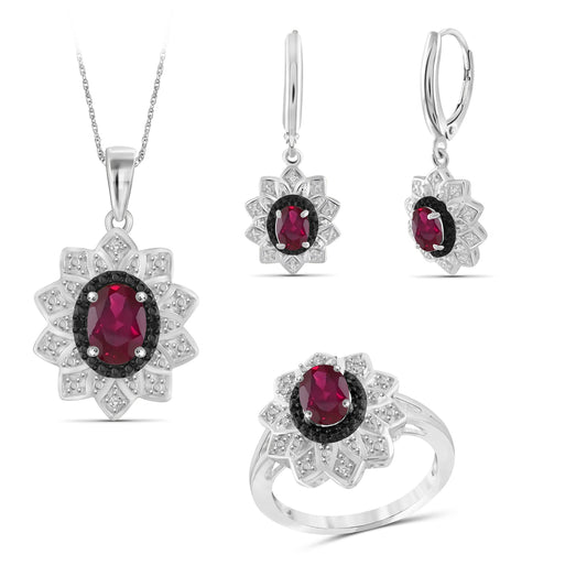 2 3/4 ct. T.G.W. Ruby 3-Piece Jewelry Set with Black & White Diamond Accent in Sterling Silver