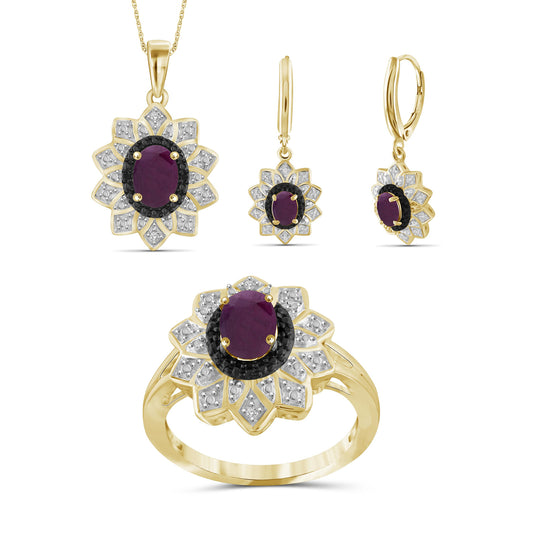 2.75 ct. T.G.W. Ruby & 1/20 ct. T.W. Black & White Diamond 3-Piece Jewelry Set in 14K Gold over Silver
