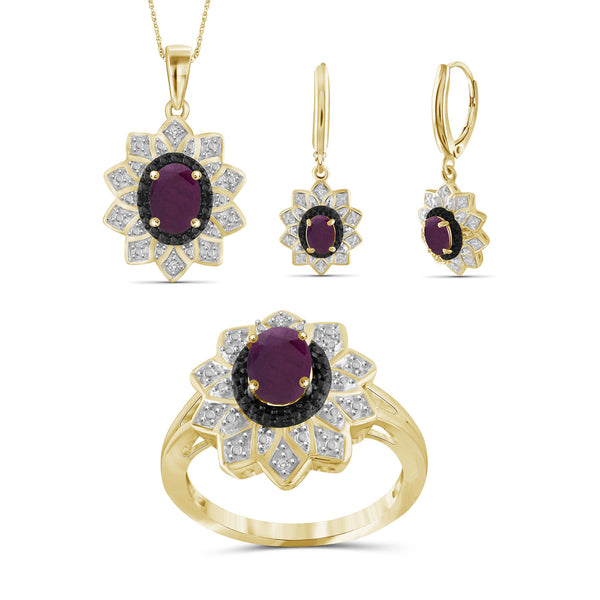 2.75 CTW Ruby & 1/20 Carat Black and White Diamond 14K Gold Over Silver 3-Piece Jewelry set