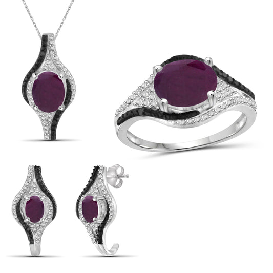 6 ct. T.G.W. Ruby 3-Piece Jewelry Set with Black & White Diamond Accent in Sterling Silver