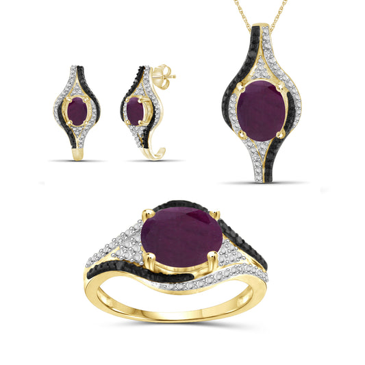 6 ct. T.G.W. Ruby 3-Piece Jewelry Set with Black & White Diamond Accent in 14K Gold over Silver