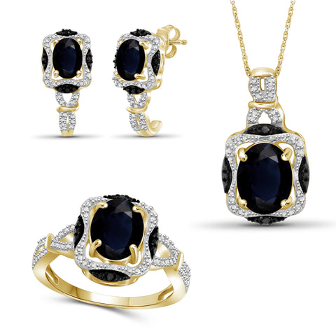 6.00 Carat T.G.W. Sapphire And Black & White Diamond Accent 14K Gold-plated 3-Piece Jewelry set