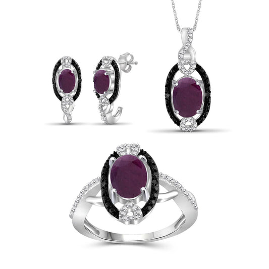 4 3/4 ct. T.G.W. Ruby 3-Piece Jewelry Set with Black & White Diamond Accent in Sterling Silver