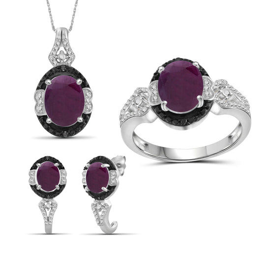 6 3/4 ct. T.G.W. Ruby 3-Piece Jewelry Set with Black & White Diamond Accent in Sterling Silver