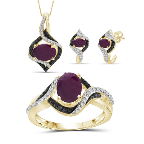 4.80 CTW Ruby & 1/20 Carat Black and White Diamond 14K Gold Over Silver 3-Piece Jewelry set
