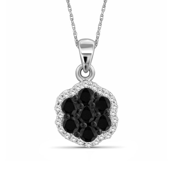 Sterling Silver (.925) Cluster Necklace with 0.50 Carat Black & White Diamonds | Jewelry Pendant Necklaces for Women Black & White Diamonds & 18 inch Rope Chain with Spring Clasp