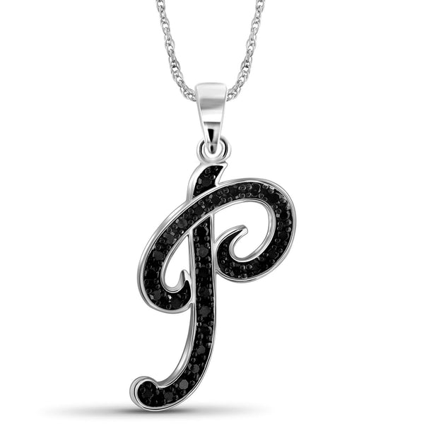 1/4 Carat Black Diamond Initial Letter Pendant Necklace for Women | .925 Sterling Silver A to Z Alphabet Monogram Necklaces for Girls | Script Capital Letters | Personalized Jewelry Gift for Her
