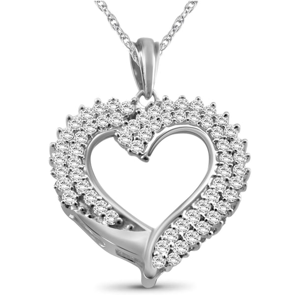 Heart Necklace with 1.00 Carat White Diamonds | .925 Sterling Silver or 14K Gold-Plated Silver | Pendant for Women  & 18" Rope Chain with Spring Clasp