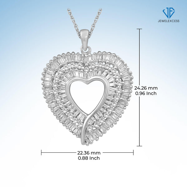 Heart Necklace with 1.00 Carat White Diamonds | .925 Sterling Silver or 14K Gold-Plated Silver | Pendant for Women  & 18" Rope Chain with Spring Clasp