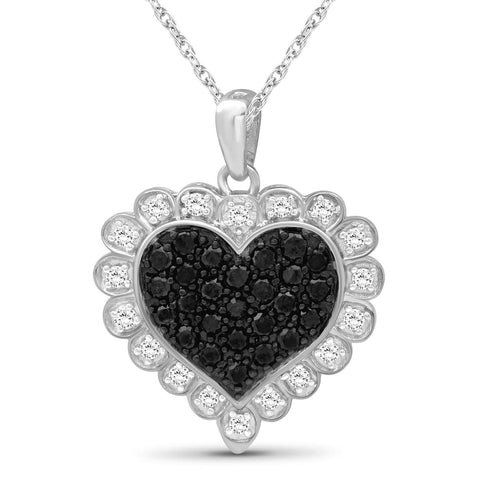 Sterling Silver (.925) Heart Necklace with 1/2 Carat Black and White Diamonds | Jewelry Pendant Necklaces for Women Black and White Diamonds & 18 inch Rope Chain with Spring Clasp