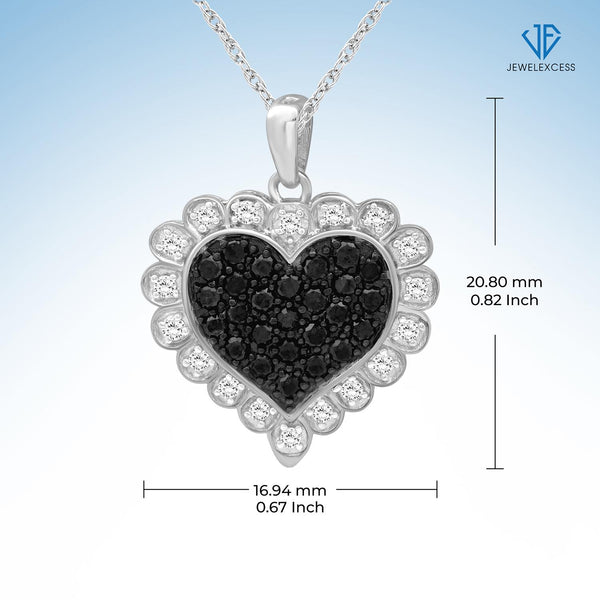 Sterling Silver (.925) Heart Necklace with 1/2 Carat Black and White Diamonds | Jewelry Pendant Necklaces for Women Black and White Diamonds & 18 inch Rope Chain with Spring Clasp