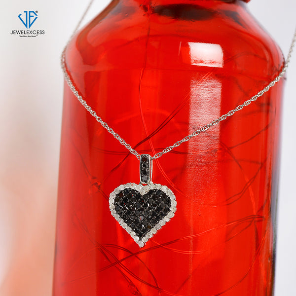 Sterling Silver (.925) Heart Necklace with 1.00 Carat Black Diamonds | Jewelry Pendant Necklaces for Women Black Diamonds & 18 inch Rope Chain with Spring Clasp