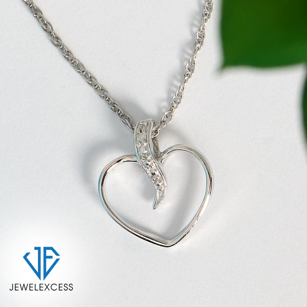 Heart Necklace with White Diamond Accent | Sterling Silver (.925) or 14K Gold-Plated Silver |  Jewelry Pendant Necklaces for Women & 18 inch Rope Chain with Spring Clasp