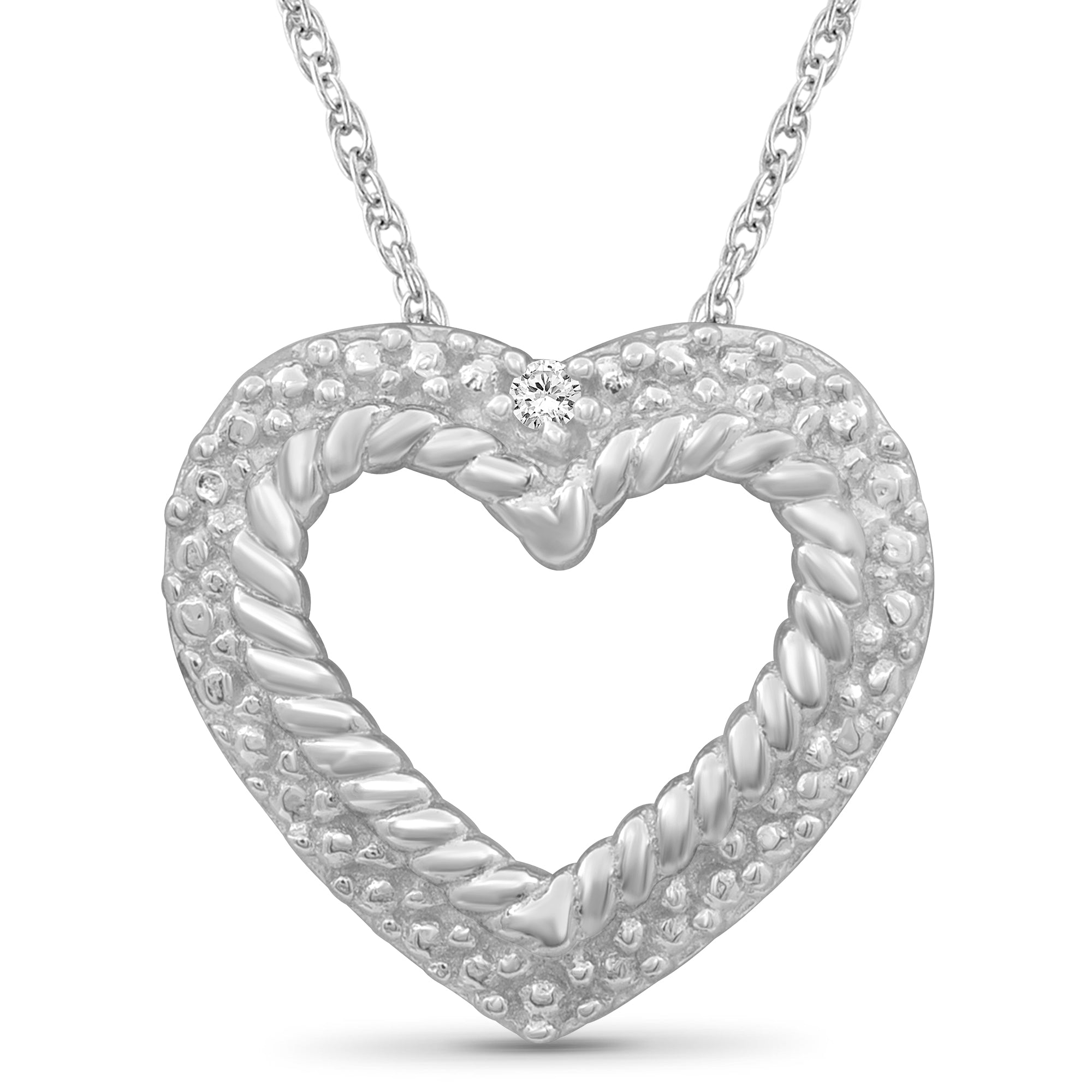 Heart Necklace with White Diamond Accent | Sterling Silver (.925) or 14K Gold-Plated Silver |  Jewelry Pendant Necklaces for Women & 18 inch Rope Chain with Spring Clasp