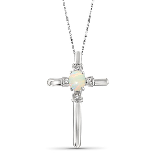 Opal Cross Pendant with Diamond Accents in Sterling Silver or 14K Gold over Silver