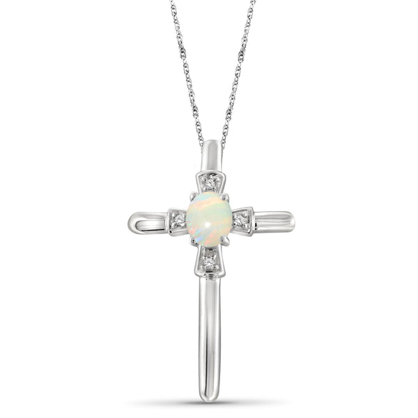 Opal Cross Necklaces for Women – Sterling Silver or 14k Gold over Silver Cross Necklace for Women Over .925 Sterling Silver Cross with White Diamond Accents – Hypoallergenic Cross Pendant