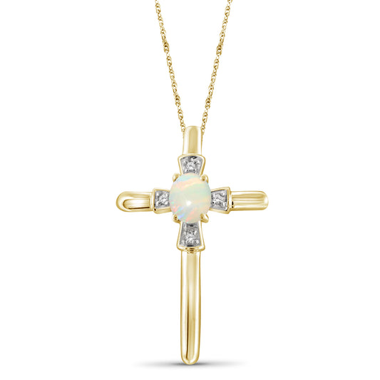 Opal Cross Pendant with Diamond Accents in Sterling Silver or 14K Gold over Silver