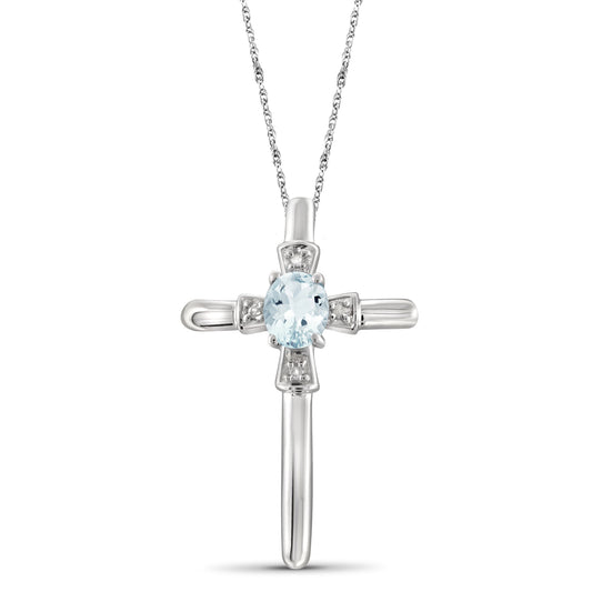 Aquamarine Cross Pendant with Diamond Accents in Sterling Silver
