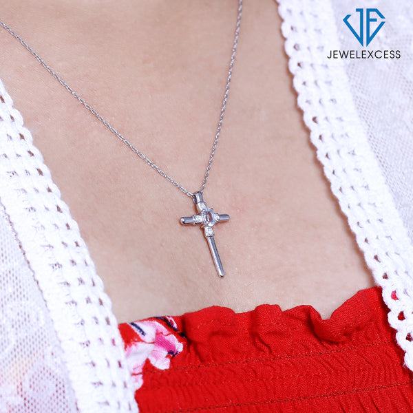 Silver Cross Necklaces for Women –Silver Cross Necklace for Women Over .925 Sterling Silver Cross –  Aquamarine Necklace Centerpiece, White Diamond Accents – Hypoallergenic Cross Pendant