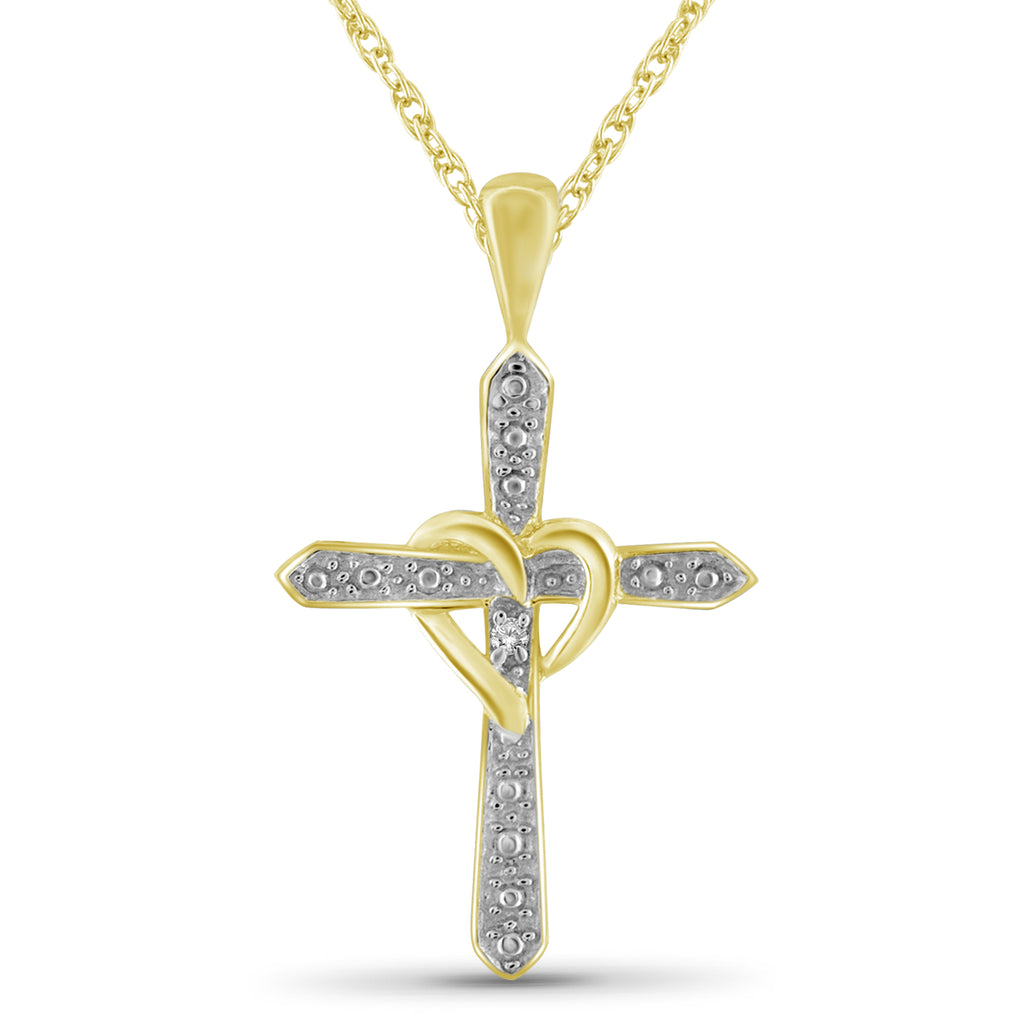Vintage Sterling Silver Yellow Gold Overlay Round Diamond Religious Cross Heart Design Pendant Charm Necklace Chain #54