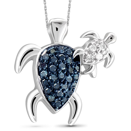 Blue & White Diamond Sea Turtle Mom Pendant in Sterling Silver