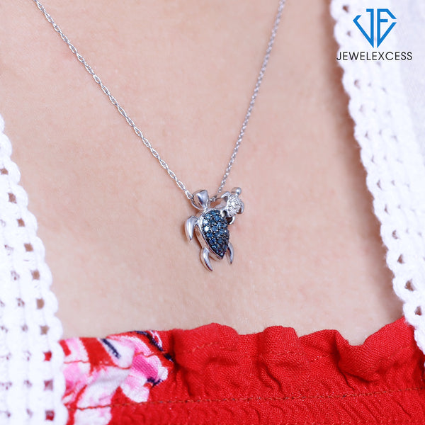 Sea Turtle Necklace for Women – ¼ CTW Blue and White Diamond Necklace with .925 Sterling Silver Rope Chain – Daughter, Grandmother, Mom Pendant - Sterling Silver Necklace Gifts for Women