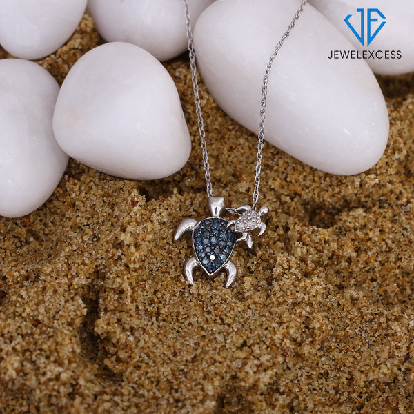 Sea Turtle Necklace for Women – ¼ CTW Blue and White Diamond Necklace with .925 Sterling Silver Rope Chain – Daughter, Grandmother, Mom Pendant - Sterling Silver Necklace Gifts for Women