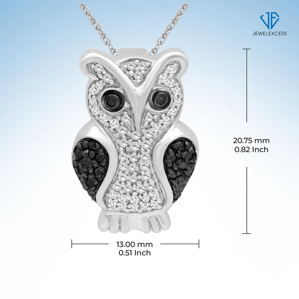 Diamond Owl Necklace for Women –1/4 CTW Black and White Diamond Owl Necklace with .925 Sterling Silver Rope Chain – Wife, Girlfriend, Love Pendant - Sterling Silver Necklace Gifts for Women