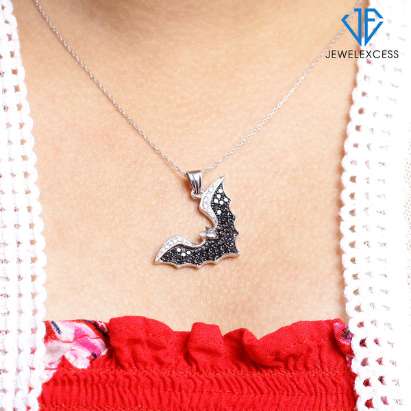 Diamond Bat Necklace Halloween Jewelry – 1 CTW Black and White Diamond Halloween Necklace – Sterling Silver Rope Chain with Bat Pendant – Witchy Jewelry for Women