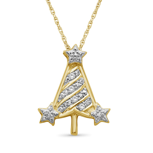 White Diamond Christmas Tree Pendant in 14K Gold over Silver