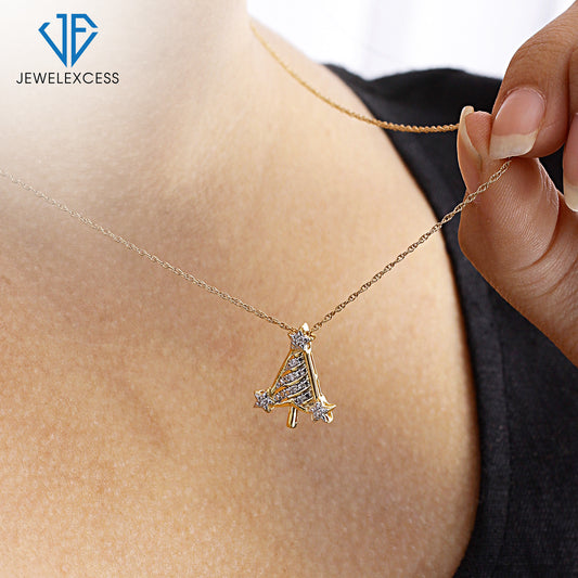 White Diamond Christmas Tree Pendant in 14K Gold over Silver