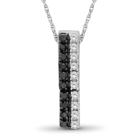 Sterling Silver (.925) Bar Necklace with 1/4 Carat Black & White Diamonds | Jewelry Pendant Necklaces for Women Black & White Diamonds & 18 inch Rope Chain with Spring Clasp