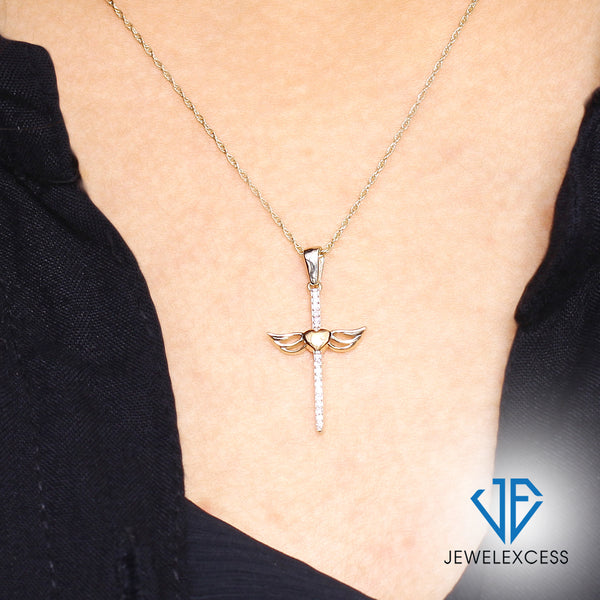 Diamond Cross Pendant Necklace for Women | Two-Tone Sterling SIlver or 14K Gold-Plated Silver