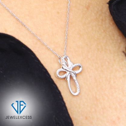 White Diamond Cross Pendant in Sterling Silver or 14K Gold over Silver