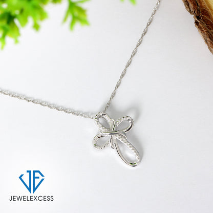 White Diamond Cross Pendant in Sterling Silver or 14K Gold over Silver