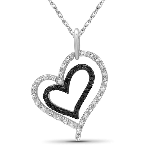 Sterling Silver (.925) Heart Necklace with 1/4 Carat Black and White Diamonds | Jewelry Pendant Necklaces for Women Black and White Diamonds & 18 inch Rope Chain with Spring Clasp