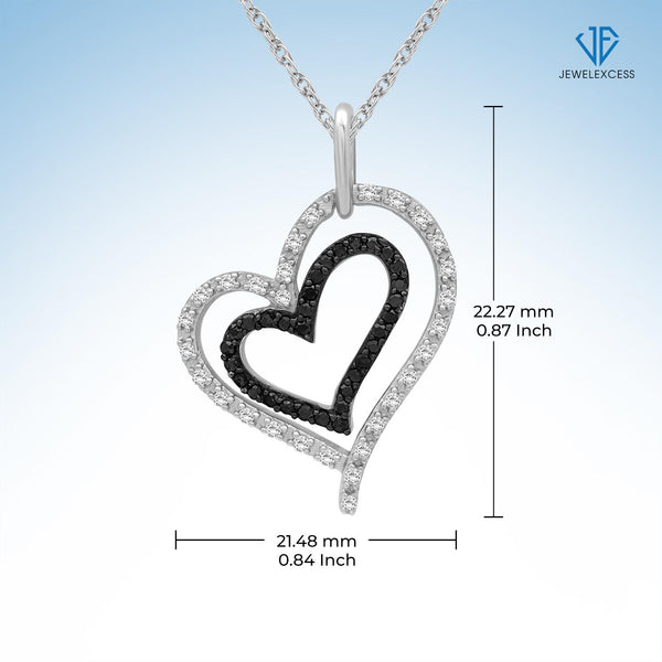 Sterling Silver (.925) Heart Necklace with 1/4 Carat Black and White Diamonds | Jewelry Pendant Necklaces for Women Black and White Diamonds & 18 inch Rope Chain with Spring Clasp